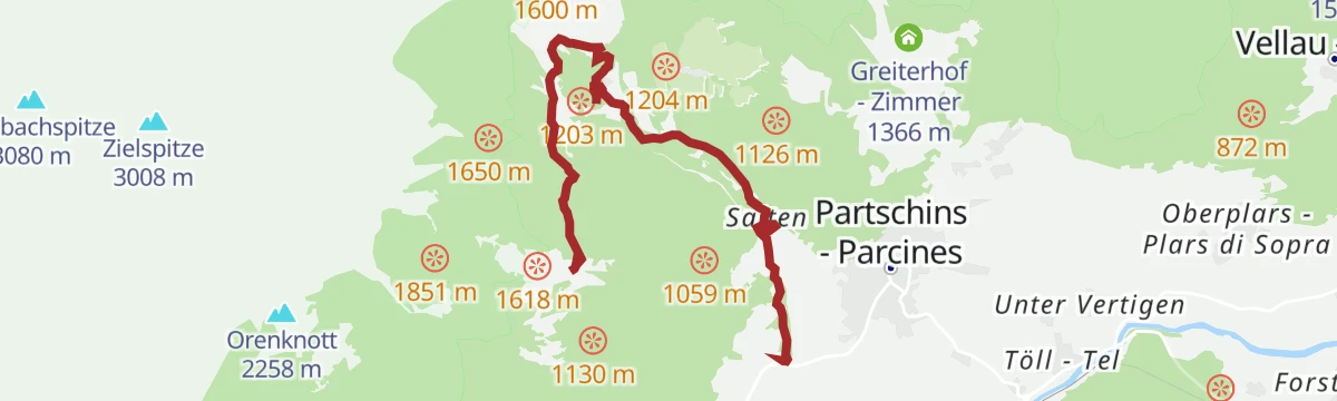 La cascata di Parcines dalla stazione a monte della funivia Texelbahn - lungo la via dei masi